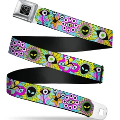 BD Wings Logo CLOSE-UP Black/Silver Seatbelt Belt - Funky Alien Flowers Aqua Blue/Multi Color Webbing