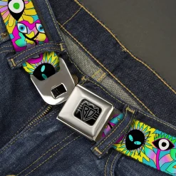 BD Wings Logo CLOSE-UP Black/Silver Seatbelt Belt - Funky Alien Flowers Aqua Blue/Multi Color Webbing