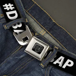 BD Wings Logo CLOSE-UP Black/Silver Seatbelt Belt - #DBAP Hash Tag Text Black/White Webbing