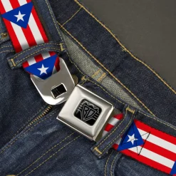 BD Wings Logo CLOSE-UP Black/Silver Seatbelt Belt - Puerto Rico Flag Continuous Webbing