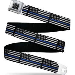 BD Wings Logo CLOSE-UP Black/Silver Seatbelt Belt - Thin Blue Line Flag Black/Gray/Blue Webbing