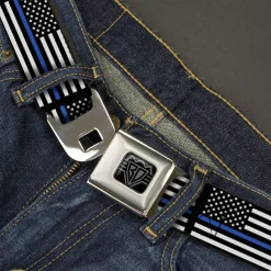 BD Wings Logo CLOSE-UP Black/Silver Seatbelt Belt - Thin Blue Line Flag Black/Gray/Blue Webbing
