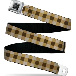 BD Wings Logo CLOSE-UP Black/Silver Seatbelt Belt - Buffalo Plaid Tans/Brown Webbing