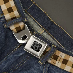 BD Wings Logo CLOSE-UP Black/Silver Seatbelt Belt - Buffalo Plaid Tans/Brown Webbing