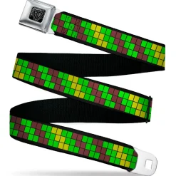 BD Wings Logo CLOSE-UP Black/Silver Seatbelt Belt - 8-Bit Pixel Step Stripe Black/Brown/Green/Yellow Webbing