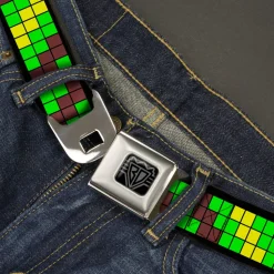 BD Wings Logo CLOSE-UP Black/Silver Seatbelt Belt - 8-Bit Pixel Step Stripe Black/Brown/Green/Yellow Webbing