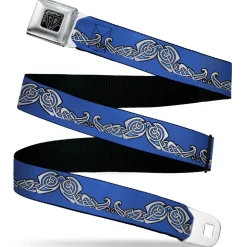 BD Wings Logo CLOSE-UP Black/Silver Seatbelt Belt - Celtic Knot4 Blues/Black/White Webbing