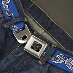 BD Wings Logo CLOSE-UP Black/Silver Seatbelt Belt - Celtic Knot4 Blues/Black/White Webbing