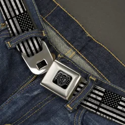 BD Wings Logo CLOSE-UP Black/Silver Seatbelt Belt - Thin Gray Line Flag Weathered Black/Grays Webbing