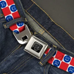 BD Wings Logo CLOSE-UP Black/Silver Seatbelt Belt - Smiley Sad Face Checker Red/White/Blue Webbing