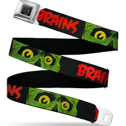 BD Wings Logo CLOSE-UP Black/Silver Seatbelt Belt - BRAINS/Zombie Face CLOSE-UP Black/Red/Green/Yellow Webbing