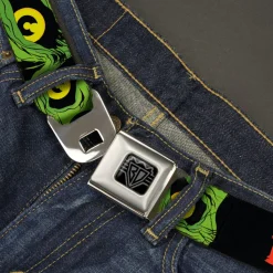 BD Wings Logo CLOSE-UP Black/Silver Seatbelt Belt - BRAINS/Zombie Face CLOSE-UP Black/Red/Green/Yellow Webbing