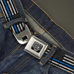 BD Wings Logo CLOSE-UP Black/Silver Seatbelt Belt - Thin Blue Line Flag Weathered Black/Gray/Blue Webbing