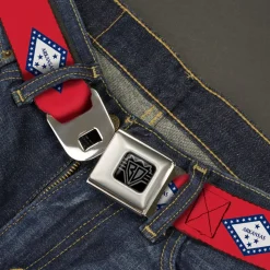 BD Wings Logo CLOSE-UP Black/Silver Seatbelt Belt - Arkansas Flag Red/Blue/White Webbing