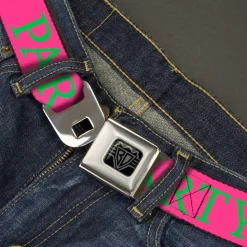 BD Wings Logo CLOSE-UP Black/Silver Seatbelt Belt - PARTY Pink/Green Webbing