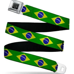 BD Wings Logo CLOSE-UP Black/Silver Seatbelt Belt - Brazil Flag Continuous Webbing