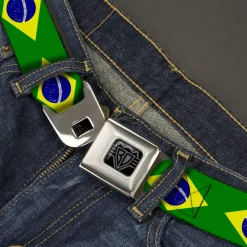 BD Wings Logo CLOSE-UP Black/Silver Seatbelt Belt - Brazil Flag Continuous Webbing