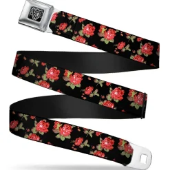 BD Wings Logo CLOSE-UP Full Color Black Silver Seatbelt Belt - Red Roses Scattered Black Webbing