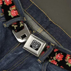 BD Wings Logo CLOSE-UP Full Color Black Silver Seatbelt Belt - Red Roses Scattered Black Webbing