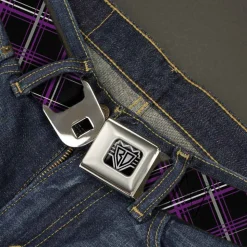 BD Wings Logo CLOSE-UP Full Color Black Silver Seatbelt Belt - Plaid Black/Purple/Gray Webbing