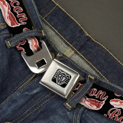 BD Wings Logo CLOSE-UP Full Color Black Silver Seatbelt Belt - BACON Baseball Script Webbing