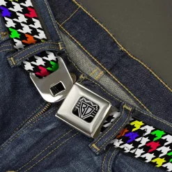 BD Wings Logo CLOSE-UP Full Color Black Silver Seatbelt Belt - Houndstooth Black/White/Multi Neon Webbing