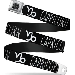 BD Wings Logo CLOSE-UP Full Color Black Silver Seatbelt Belt - Zodiac CAPRICORN/Symbol Black/White Webbing
