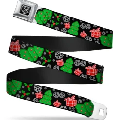 BD Wings Logo CLOSE-UP Full Color Black Silver Seatbelt Belt - Christmas Collage Black/White/Green/Red Webbing