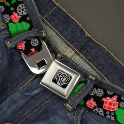 BD Wings Logo CLOSE-UP Full Color Black Silver Seatbelt Belt - Christmas Collage Black/White/Green/Red Webbing