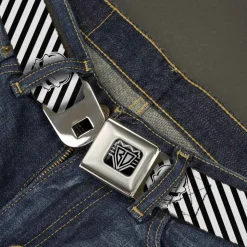 BD Wings Logo CLOSE-UP Full Color Black Silver Seatbelt Belt - Metal Skull Black/White Webbing