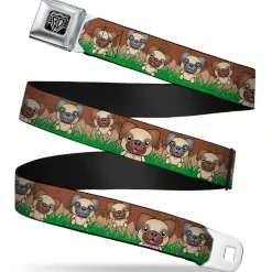 BD Wings Logo CLOSE-UP Full Color Black Silver Seatbelt Belt - Pug Puppies/Paw Prints Browns/Greens Webbing