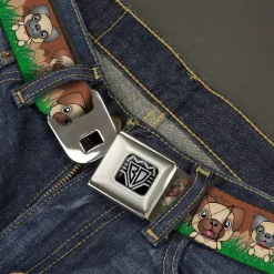BD Wings Logo CLOSE-UP Full Color Black Silver Seatbelt Belt - Pug Puppies/Paw Prints Browns/Greens Webbing