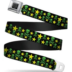 BD Wings Logo CLOSE-UP Full Color Black Silver Seatbelt Belt - Skulls & Stars Black/Green/Yellow Webbing