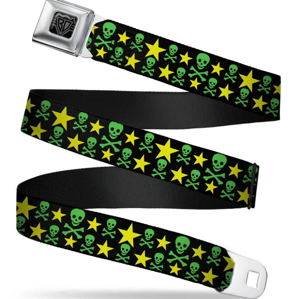 BD Wings Logo CLOSE-UP Full Color Black Silver Seatbelt Belt - Skulls & Stars Black/Green/Yellow Webbing