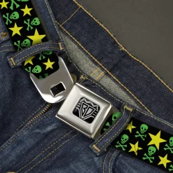 BD Wings Logo CLOSE-UP Full Color Black Silver Seatbelt Belt - Skulls & Stars Black/Green/Yellow Webbing