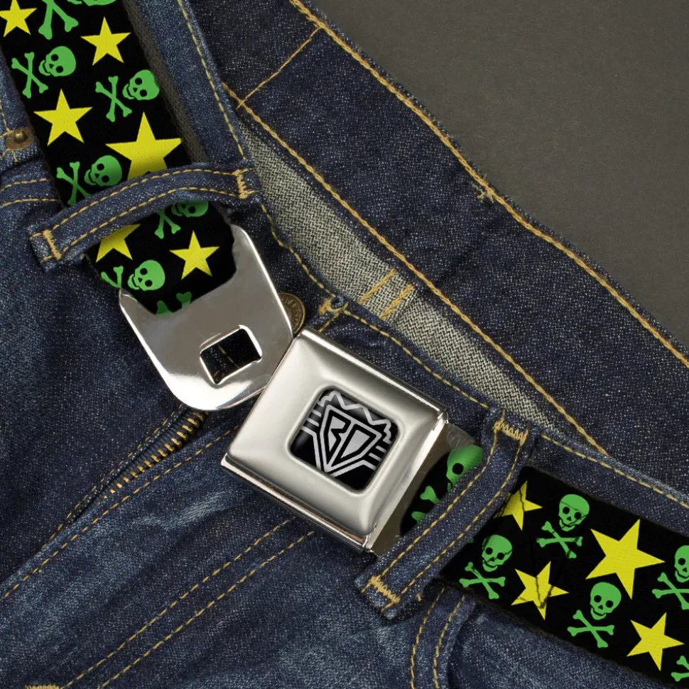 BD Wings Logo CLOSE-UP Full Color Black Silver Seatbelt Belt - Skulls & Stars Black/Green/Yellow Webbing