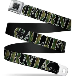BD Wings Logo CLOSE-UP Full Color Black Silver Seatbelt Belt - CALIFORNIA/Bear Silhouette Black/Camo Olive Webbing