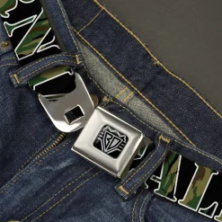 BD Wings Logo CLOSE-UP Full Color Black Silver Seatbelt Belt - CALIFORNIA/Bear Silhouette Black/Camo Olive Webbing