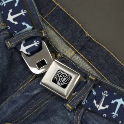 BD Wings Logo CLOSE-UP Full Color Black Silver Seatbelt Belt - Anchor2 Flip CLOSE-UP Navy/Baby Blue/White Webbing
