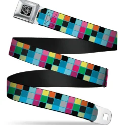 BD Wings Logo CLOSE-UP Full Color Black Silver Seatbelt Belt - Checker Bright Pastel w/Outline Webbing