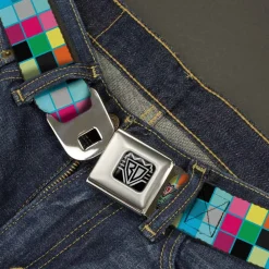 BD Wings Logo CLOSE-UP Full Color Black Silver Seatbelt Belt - Checker Bright Pastel w/Outline Webbing