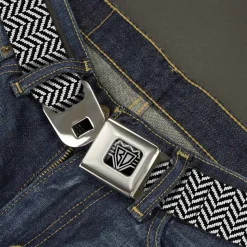 BD Wings Logo CLOSE-UP Full Color Black Silver Seatbelt Belt - Herringbone Jagged Black/White Webbing