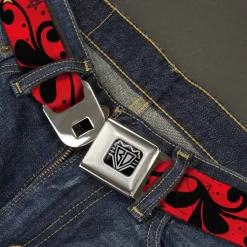 BD Wings Logo CLOSE-UP Full Color Black Silver Seatbelt Belt - Mom & Dad CLOSE-UP Red Webbing
