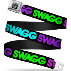 BD Wings Logo CLOSE-UP Full Color Black Silver Seatbelt Belt - SWAGG Black/Hot Pink/Turquoise/Purple/Neon Green Webbing