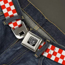 BD Wings Logo CLOSE-UP Full Color Black Silver Seatbelt Belt - Checker Red/White Webbing