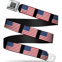 BD Wings Logo CLOSE-UP Full Color Black Silver Seatbelt Belt - United States Flags Webbing