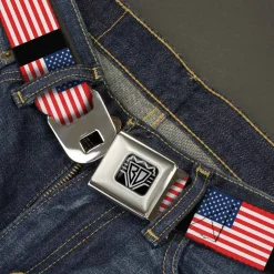 BD Wings Logo CLOSE-UP Full Color Black Silver Seatbelt Belt - United States Flags Webbing