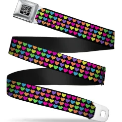 BD Wings Logo CLOSE-UP Full Color Black Silver Seatbelt Belt - Mini Hearts Black/Multi Neon Webbing