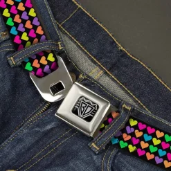BD Wings Logo CLOSE-UP Full Color Black Silver Seatbelt Belt - Mini Hearts Black/Multi Neon Webbing