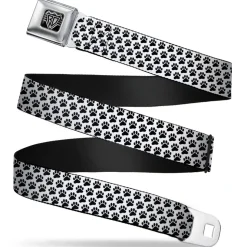 BD Wings Logo CLOSE-UP Full Color Black Silver Seatbelt Belt - Paw Print White/Black Webbing